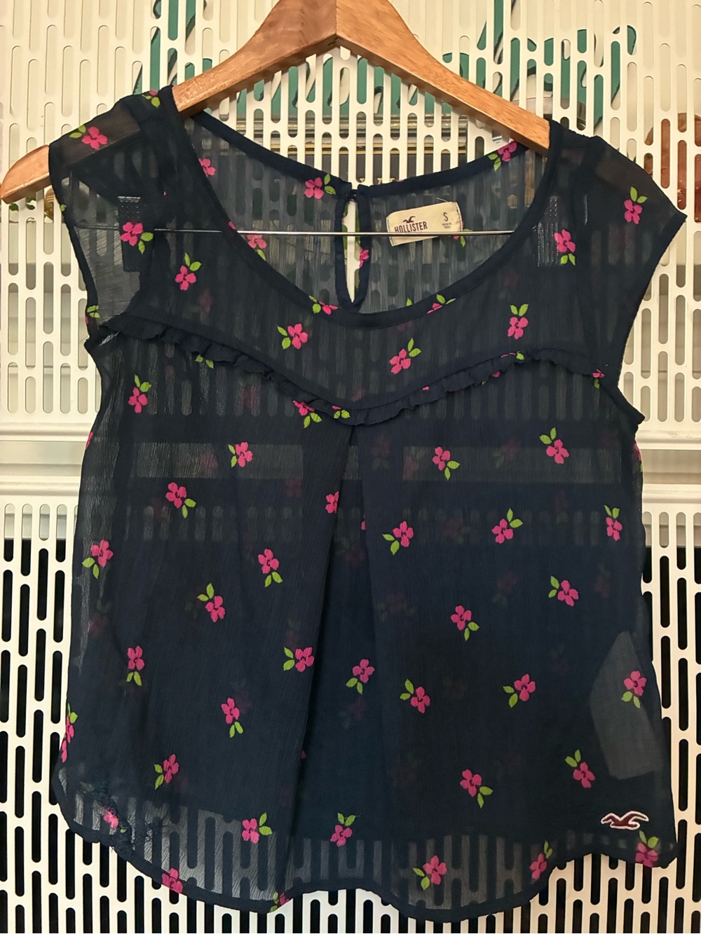 Hollister Navy Sheer Floral Cap-Sleeve Top with Pink Flowers